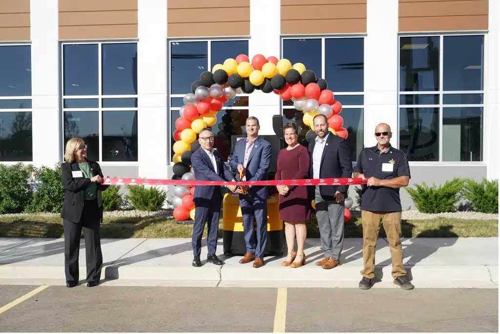 Material handling industry leaders, local state officials and media attended the grand opening celebration for the new Big Lift Headquarters (left to right: Andrea Palombizio, John He, Dan Rosskamm, Missy Hughes, Nick Malewicki, Brian Dorow)