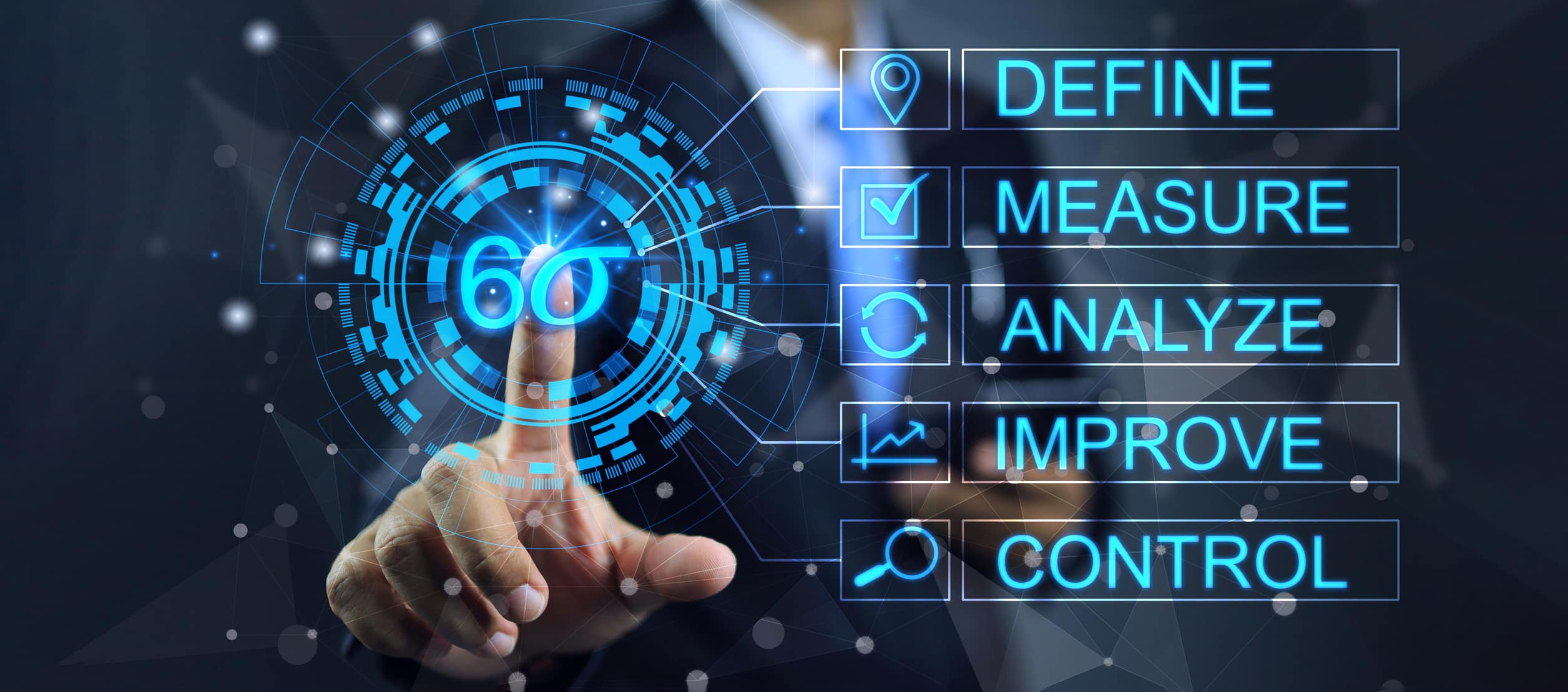 6 sigma concept define measure analyze improve control DMAIC Industrial innovation technology quality control business Business man pointing 6sigma to control products quality on production process