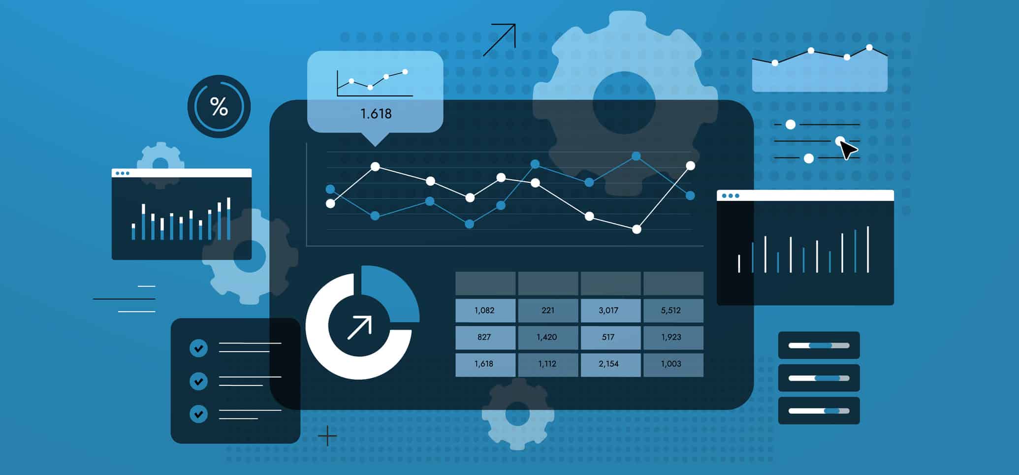 Marketing performance dashboard with conversion metrics, engagement charts and automated reporting. Marketing performance dashboard for digital ad campaign optimization and growth vector illustration.