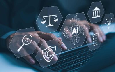 AI Laws and Regulations Concept. Hand typing on laptop with digital icons representing artificial intelligence, legal standard, ethics, and regulatory compliance, Technology law and policy, copyright,