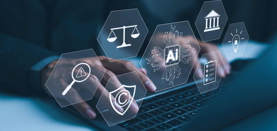 AI Laws and Regulations Concept. Hand typing on laptop with digital icons representing artificial intelligence, legal standard, ethics, and regulatory compliance, Technology law and policy, copyright,