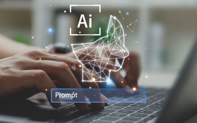 AI technology, artificial intelligence. digital transformation, Hand of businessman using laptop with smart robot enters command to create something.