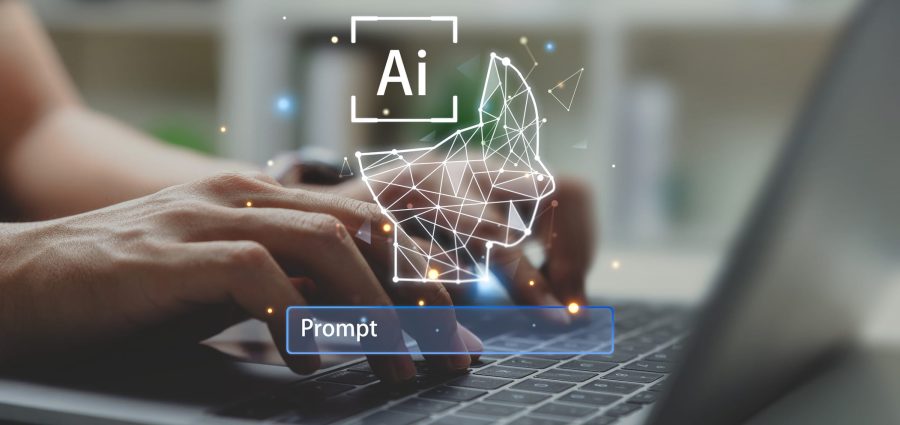 AI technology, artificial intelligence. digital transformation, Hand of businessman using laptop with smart robot enters command to create something.