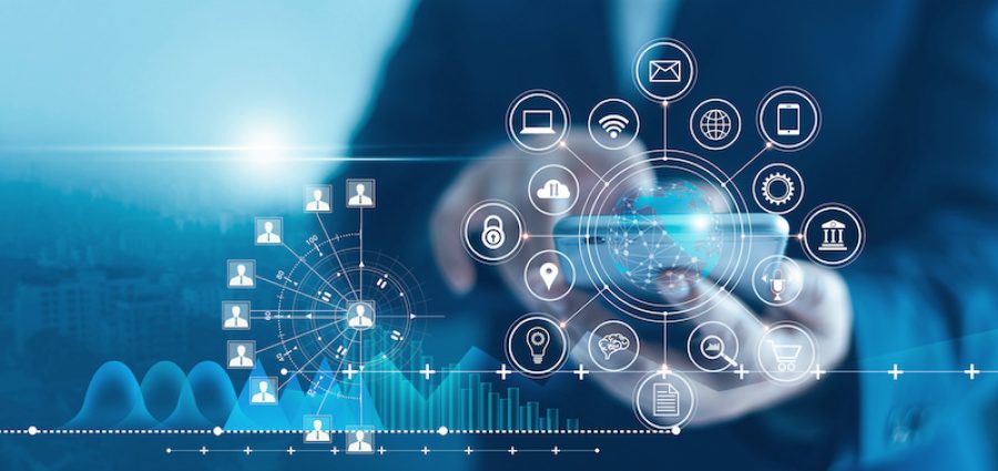 Businessman using mobile smartphone and icon network connection data with growth graph customer, digital marketing, banking and payment online, analysis and planning of business.