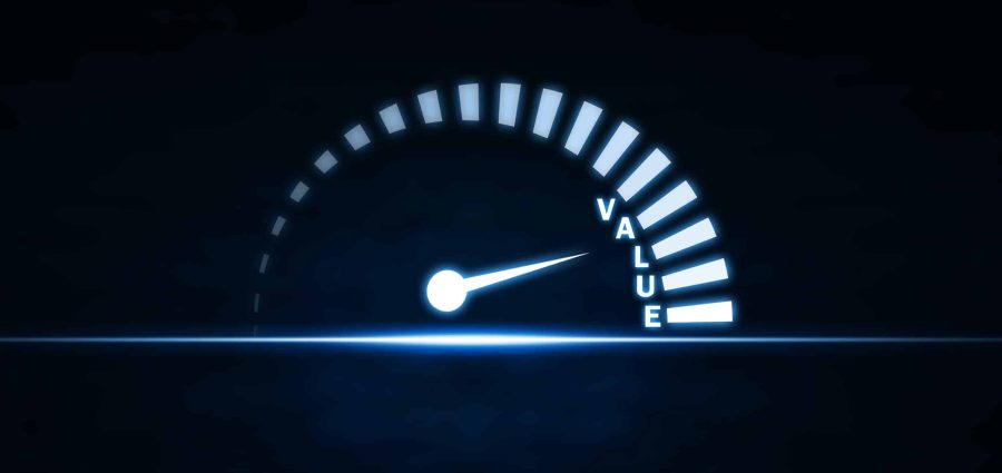 Speedometer with value word on blue light. Business concept