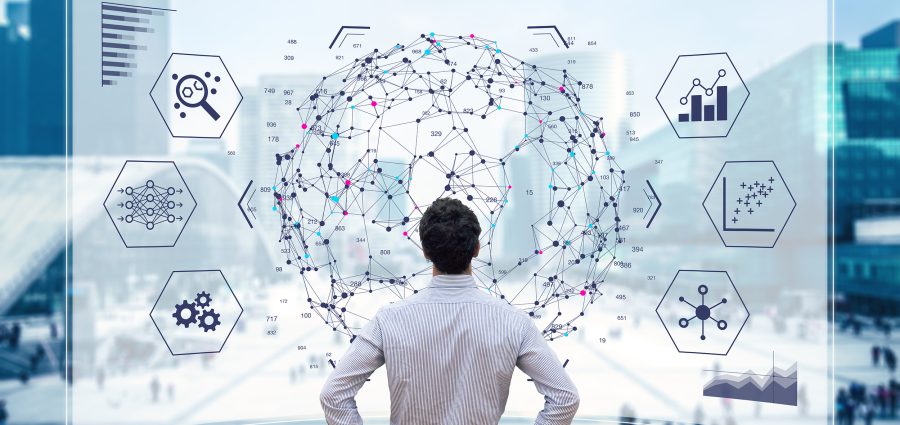 Big data analytics visualization technology with scientist analyzing information structure on screen with machine learning to extract strategical prediction for business, finance, internet of things