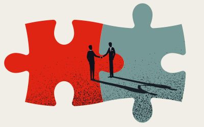 Business merger and acquisition vector concept with businessmen shaking hands, end of negotiation, success. Eps10 illustration.