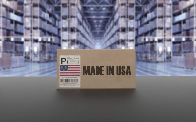 Boxes with MADE IN USA text on conveyor. American goods related. 3d rendering.