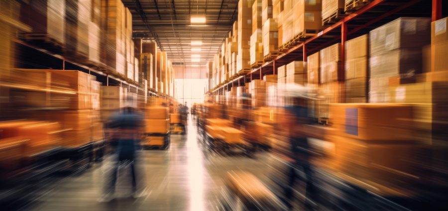 Blurred image of warehouse employees moving shipping boxes