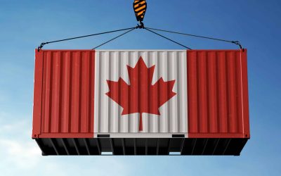 Canada trade cargo container hanging against clouds background