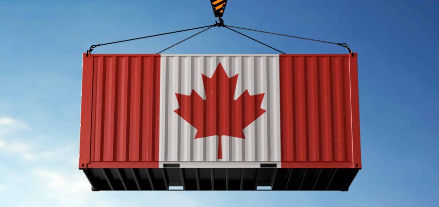 Canada trade cargo container hanging against clouds background
