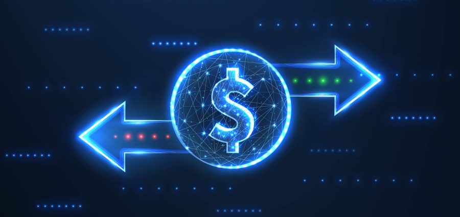 Dollar with Two left right arrows with green and red dots. Data receive, Digital money send, Currency exchange sign. Web trade symbol. File backup, logistic move, big change logo. Outline icon design