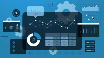Marketing performance dashboard with conversion metrics, engagement charts and automated reporting. Marketing performance dashboard for digital ad campaign optimization and growth vector illustration.