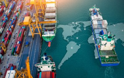 Aerial top view containers ship cargo business commercial trade logistic and transportation of international import export by container freight cargo ship with on worldmap