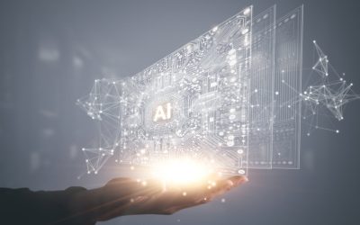 Digital information technology concept. Businessman touching artificial intelligence screen.