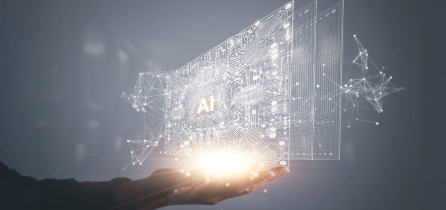 Digital information technology concept. Businessman touching artificial intelligence screen.
