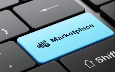 Marketing concept: computer keyboard with Calculator icon and word Marketplace, selected focus on enter button, 3d render