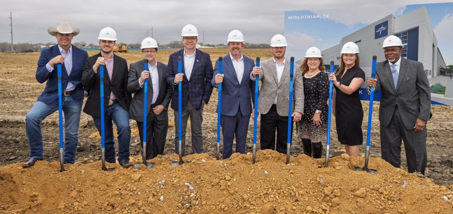 From left: U.S. Rep. Jake Ellzey; Midlothian City Council member and Mayor Pro Tem Clark Wickliffe; Joe Arruda, system senior vice president, supply chain services, Baylor Scott & White Health; Sean Halligan, executive vice president of supply chain, Medline; Ed Graves, vice president of regional field sales, Medline; Brandon Forcier, vice president of regional operations, Medline; Janie Havel of the Texas Economic Development & Tourism Office; Victoria Roberts, president and CEO of the Midlothian Chamber of Commerce, and Chaplain Walter White Jr. of Parkland Health.