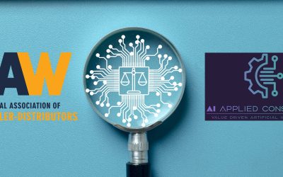Focus on AI ethics. Magnifying glass analyzing scales of justice on an AI chip, symbolizing regulation, digital law, and the ethics of artificial intelligence. Blue background.