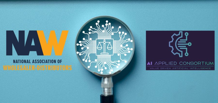 Focus on AI ethics. Magnifying glass analyzing scales of justice on an AI chip, symbolizing regulation, digital law, and the ethics of artificial intelligence. Blue background.