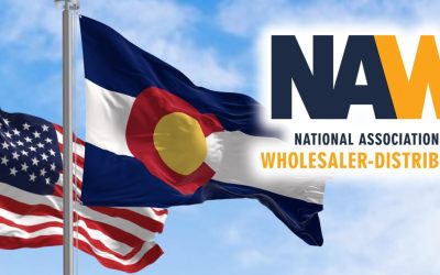 Colorado state flags waving with the national flag of the United States of America on a clear day. 3D illustration render. Rippled textile