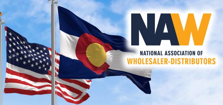 Colorado state flags waving with the national flag of the United States of America on a clear day. 3D illustration render. Rippled textile