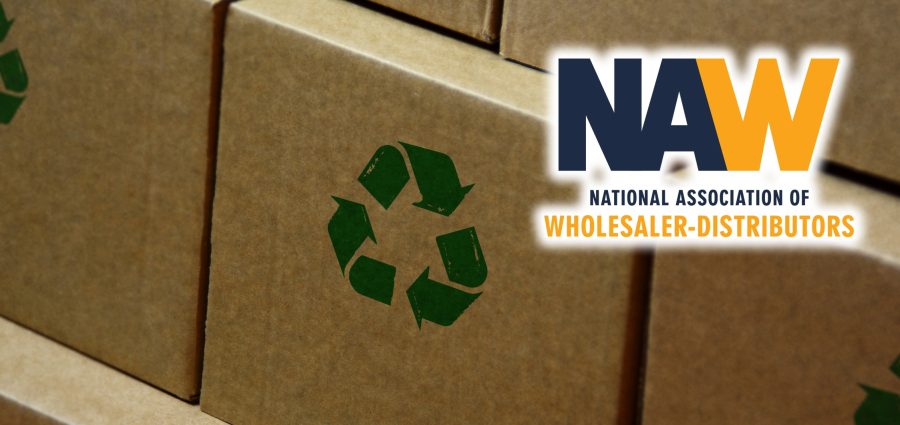 Recycling stamp printed on cardboard box. Recycle symbol, arrows, recyclable materials, environmental protection and earth safe concept.