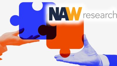 Colorful collage. Hands holding orange and blue puzzle pieces representing corporate merger. Concept of digital transformation, strategic integration, teamwork, and business process design.