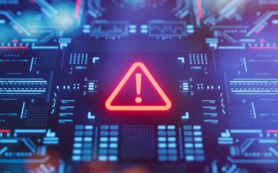 Warning icon on a digital LCD display with reflection. Concept of cyber attack, malware, ransomware, data breach, system hacking, virus, spyware, compromised information and urgent attention.