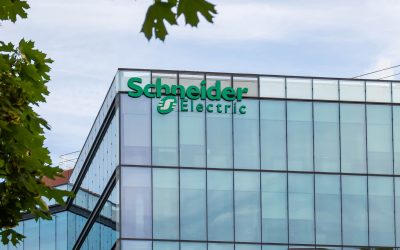 Rueil-Malmaison, France - August 13, 2023: Facade of the headquarters building of Schneider Electric, a French multinational company specializing in digital automation and energy management