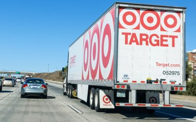 Target delivery semi trailer truck is driving on highway - Los Angeles, California, USA - 2021
