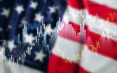 USA development economy and investment.Virtual financial analysis graph hologram on USA flag development