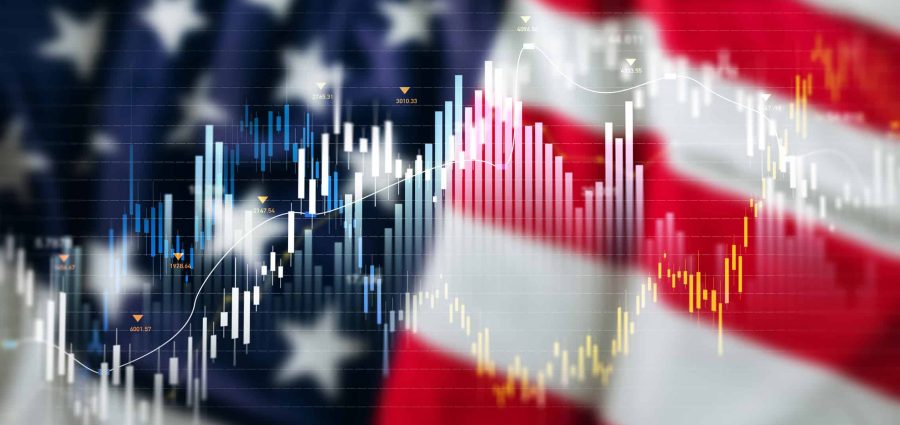 USA development economy and investment.Virtual financial analysis graph hologram on USA flag development