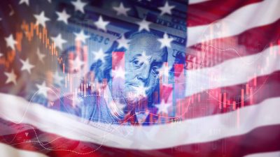 Trading graph with american flag is damage.Effect of recession US economy. Crisis in USA, rising inflation, devaluation of dollars and the economy.