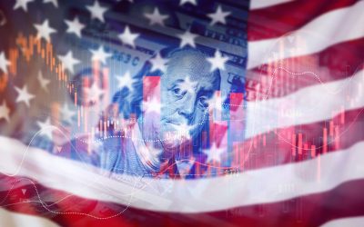 Trading graph with american flag is damage.Effect of recession US economy. Crisis in USA, rising inflation, devaluation of dollars and the economy.