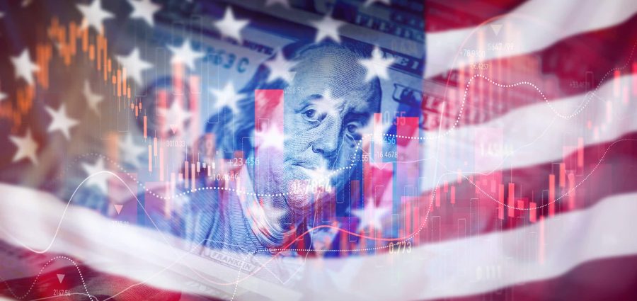 Trading graph with american flag is damage.Effect of recession US economy. Crisis in USA, rising inflation, devaluation of dollars and the economy.