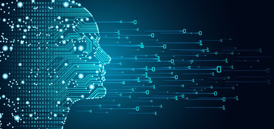 Big data and artificial intelligence concept. Machine learning and cyber mind domination concept in form of men face outline outline with circuit board and binary data flow on blue background.