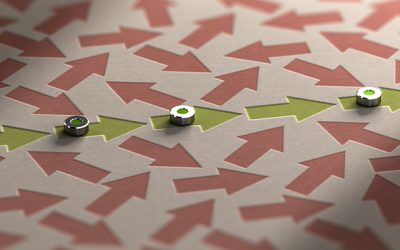 3D illustration of arrows going straight ahead sourounded by many other in a mess. Organization vs disorganization or rationality versus irrationality concept