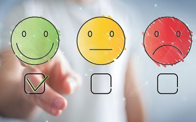 Businessman on blurred background using thin line customer satisfaction rating