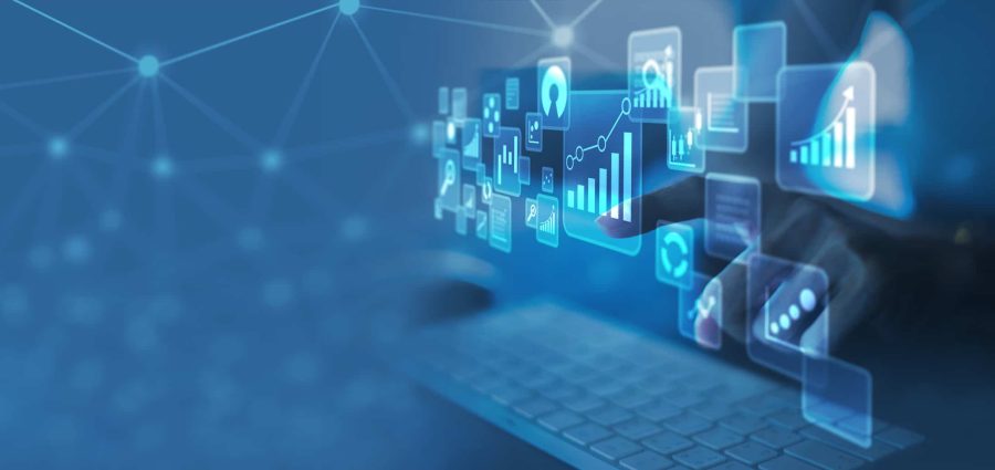 Analyst working with Business Analytics and Data Management System on computer to make report with KPI and metrics connected to database. Corporate strategy for finance, operations, sales, marketing