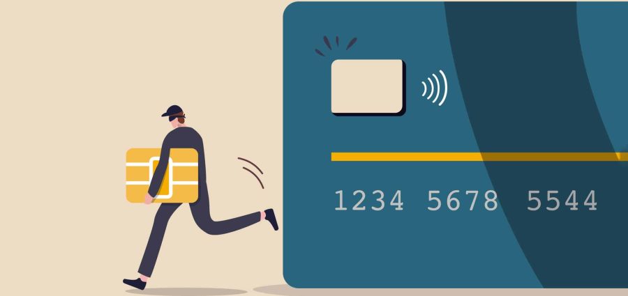 Credit card or debit card payment account fraud, hacker or criminal use phishing to steal online money, data or personal identity concept, thief in black steal smart ship from debit or credit card.