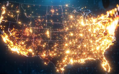 Night Map of USA with City Lights Illumination. 3D render
