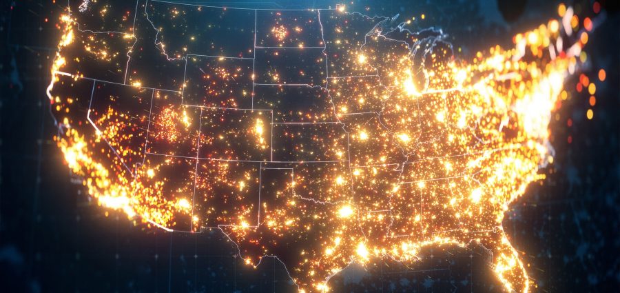 Night Map of USA with City Lights Illumination. 3D render