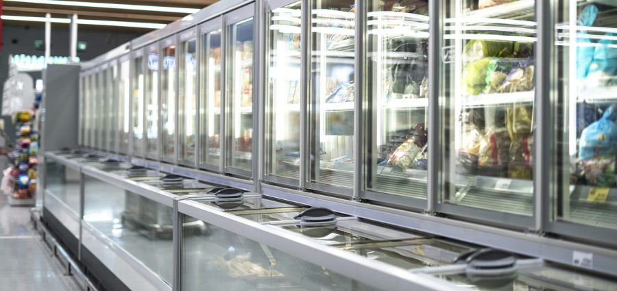 supermarket fresh food in the fridge shelves