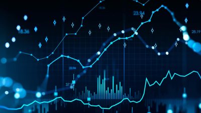 Stock market changes, forex hologram with numbers and bar chart with candlesticks. Concept of economy and online trading. 3D rendering