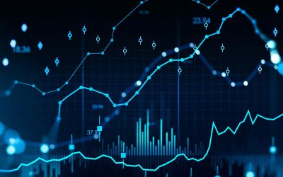 Stock market changes, forex hologram with numbers and bar chart with candlesticks. Concept of economy and online trading. 3D rendering