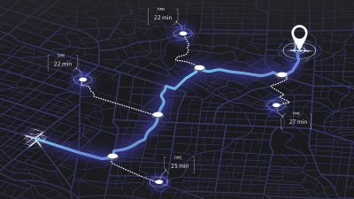 Location tracks dashboard. City street road. City streets and blocks, route distance data, path turns and destination tag or mark. Huge city top view. Isometric