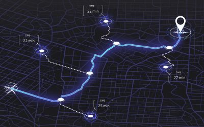 Location tracks dashboard. City street road. City streets and blocks, route distance data, path turns and destination tag or mark. Huge city top view. Isometric
