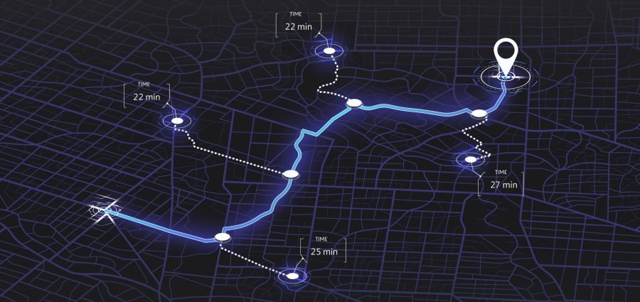 Location tracks dashboard. City street road. City streets and blocks, route distance data, path turns and destination tag or mark. Huge city top view. Isometric