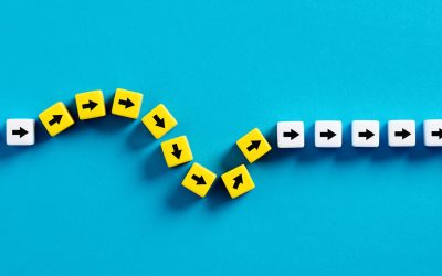 Flexibility and adaptation concept. Arrows on cubes following a flexible path.